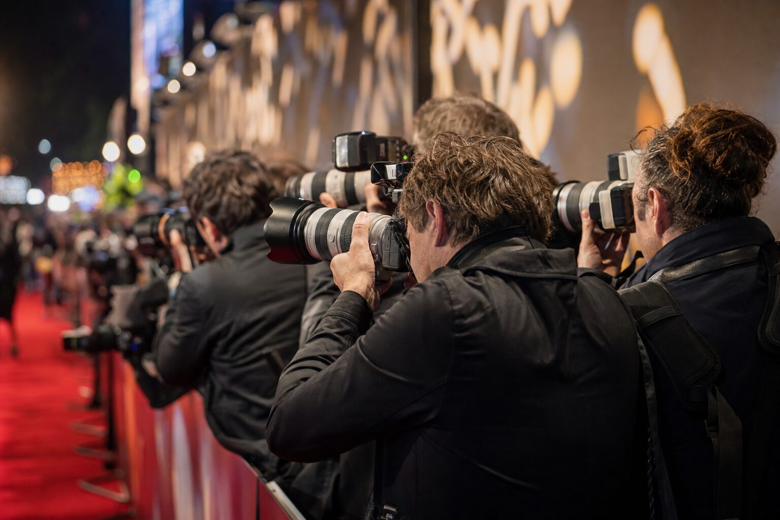 Pressefotografen mit Teleobjektiven an einer Pressewand am roten Teppich